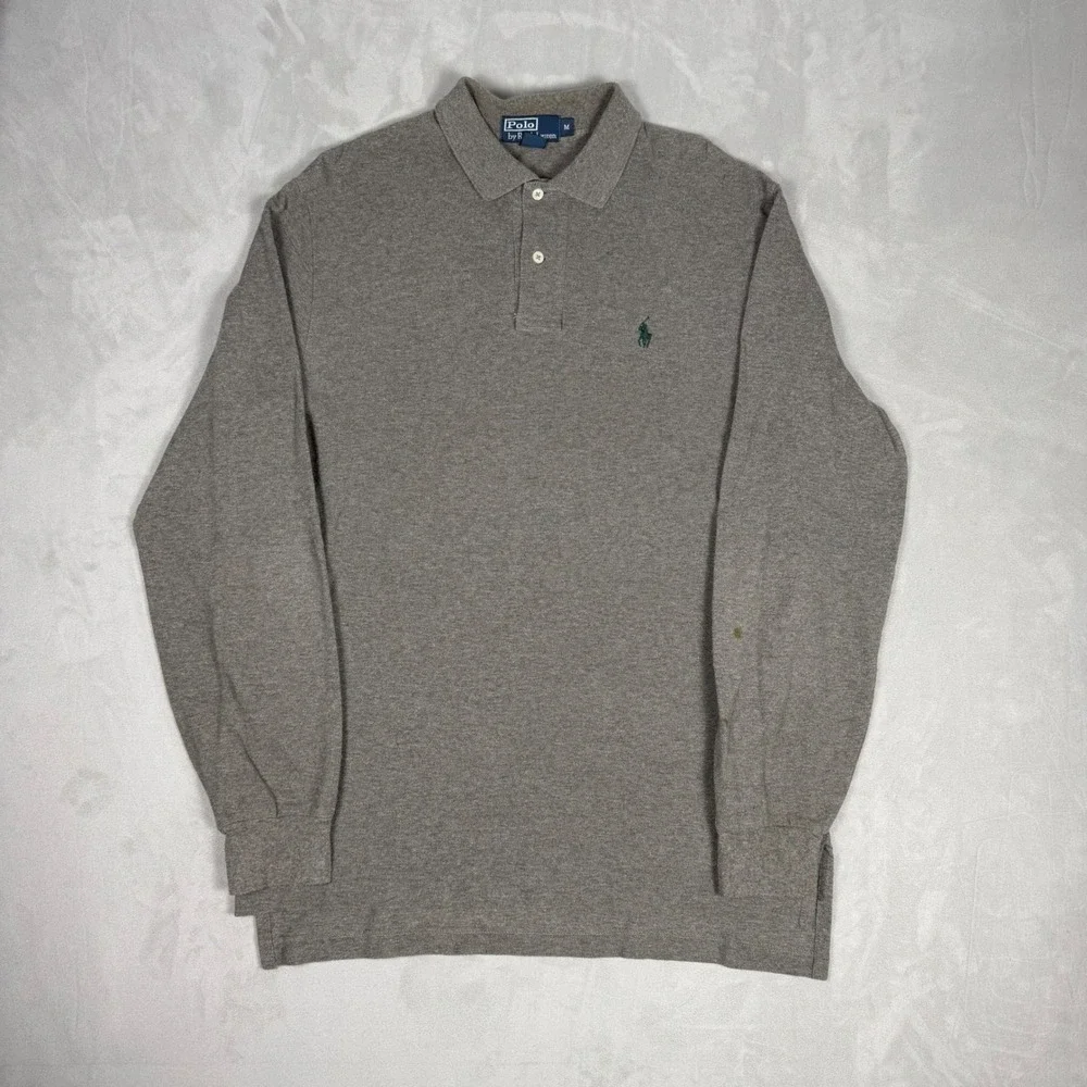 90s Mens Polo Ralph Lauren Long Sleeve Pique Polo Shirt Grey M
